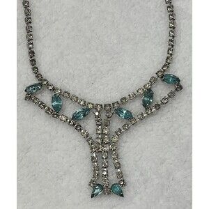 Duane Vintage Blue Sapphire/Clear Rhinestone Necklace Rhodium Plate Prong Fairy